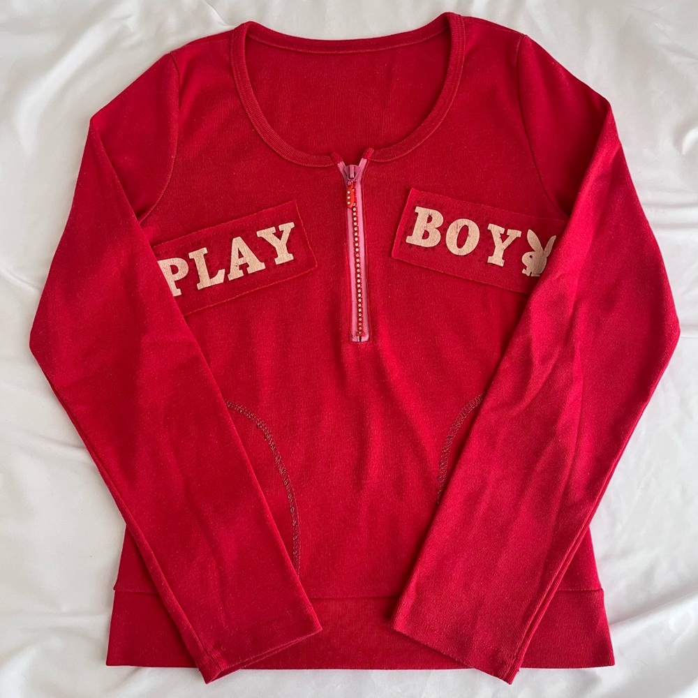 Vintage Playboy Long Sleeve Top Women's Medium Red Y2K 2000s Cream Logo Zipper